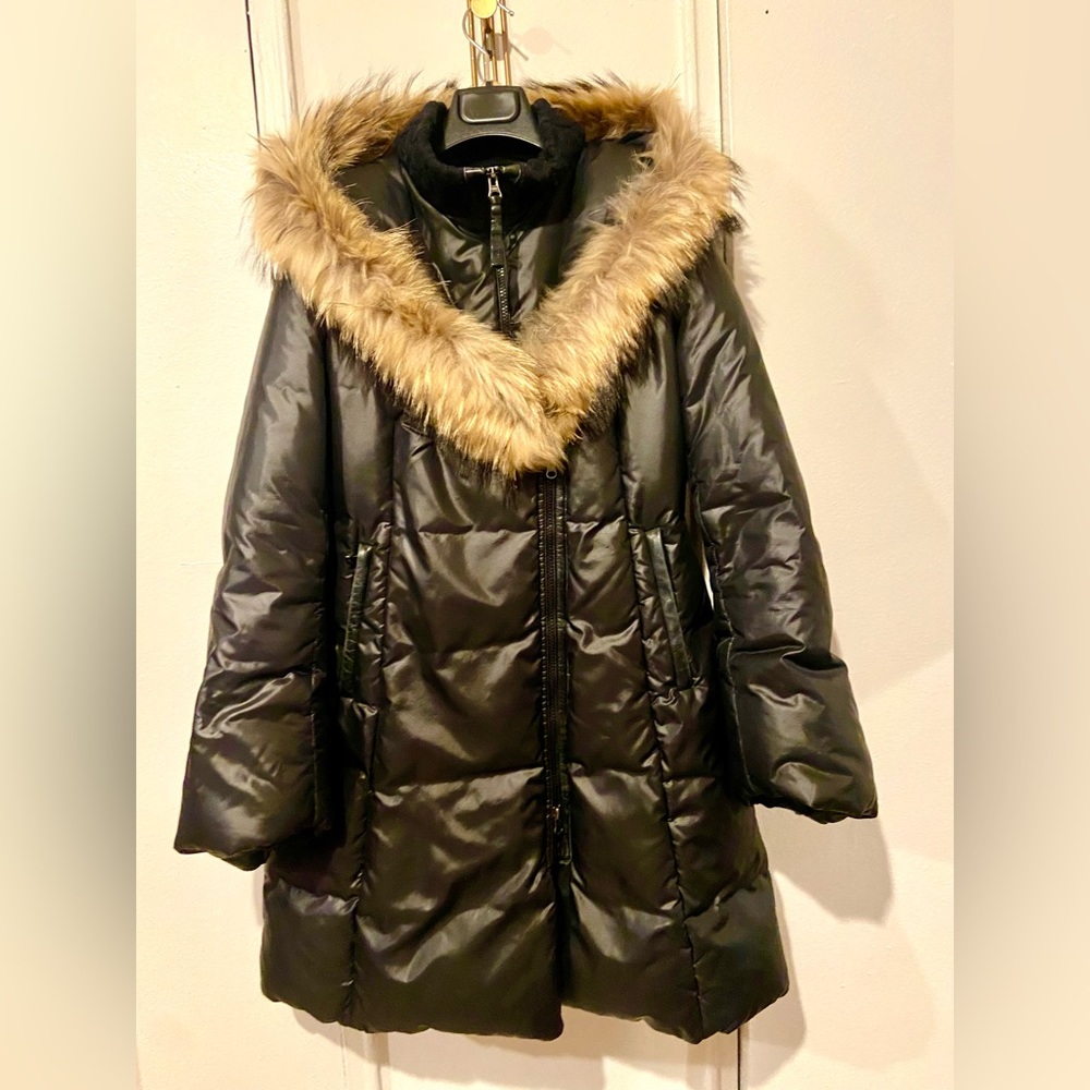 Mackage down coat with signature mackage collar and natural fur of fox on hood .